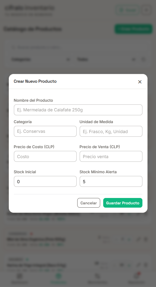 Creación de un producto con nombre, precio y stock inicial en Cifralo Inventario
